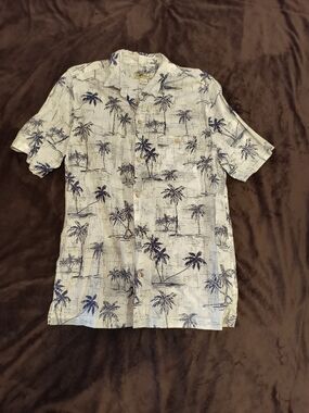 Casual Short-Sleeve Palm Print Button-Down Shirt - White/Blue